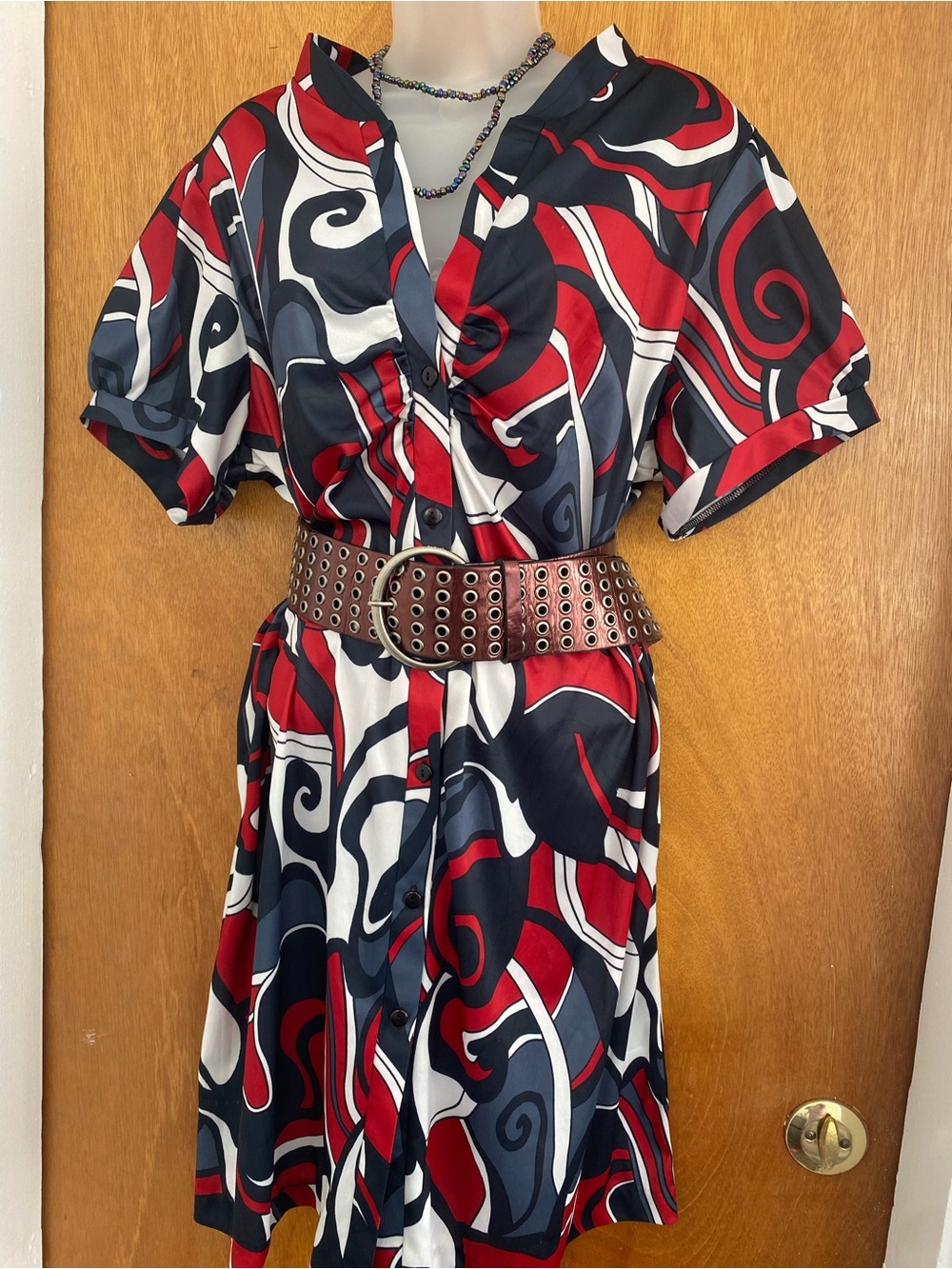 Roaman's Red, Black & White Abstract Swirl Mini Dress - Picture 2 of 6